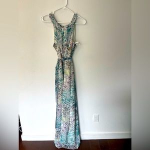 Maxi dress with tie back with animal print in blues/greens and blacks